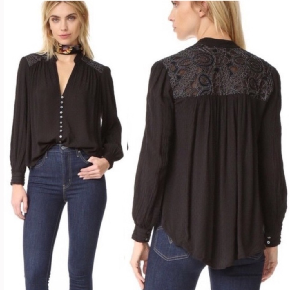 FREE PEOPLE Canyon Rose Embroidered Boho Hi Lo Blouse Black S Whimsigoth Grunge